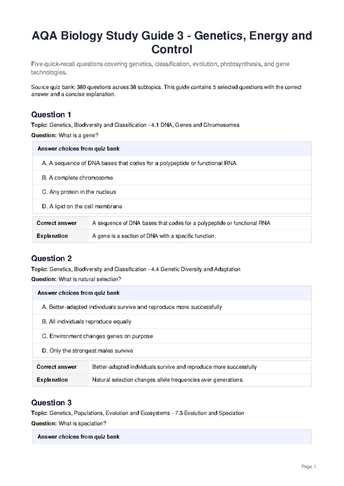 AQA Biology Study Guide 3: Genetics, Energy & Control Quiz Insights ...