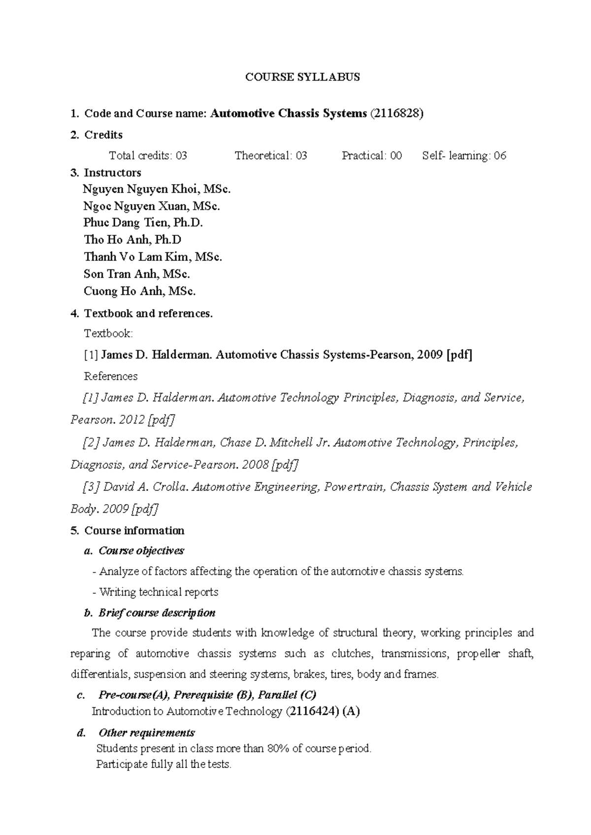 Course Syllabus: Automotive Chassis Systems (2116828) - 2023 - Studocu