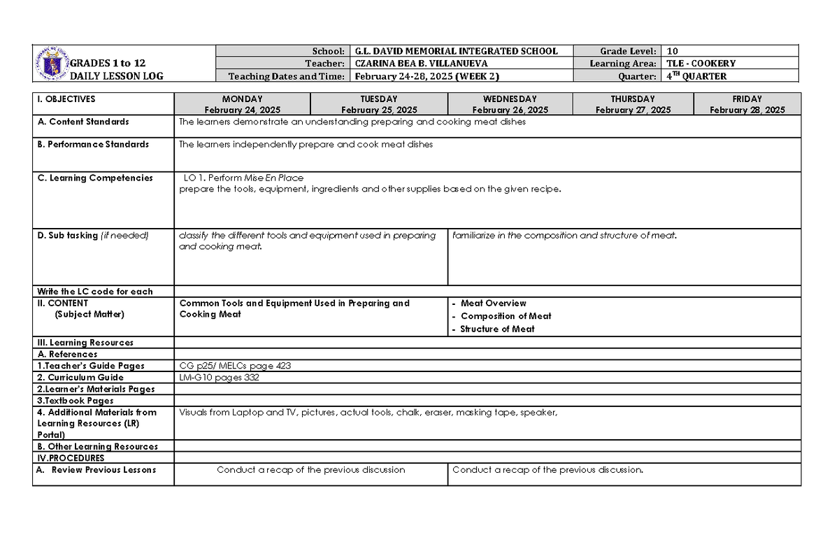 Q4 W2 TLE-10 - Daily Lesson Log - GRADES 1 to 12 DAILY LESSON LOG ...