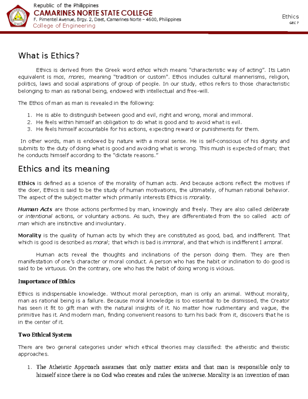 Introduction to Ethics - GEC 7 Course Overview and Key Concepts - Studocu