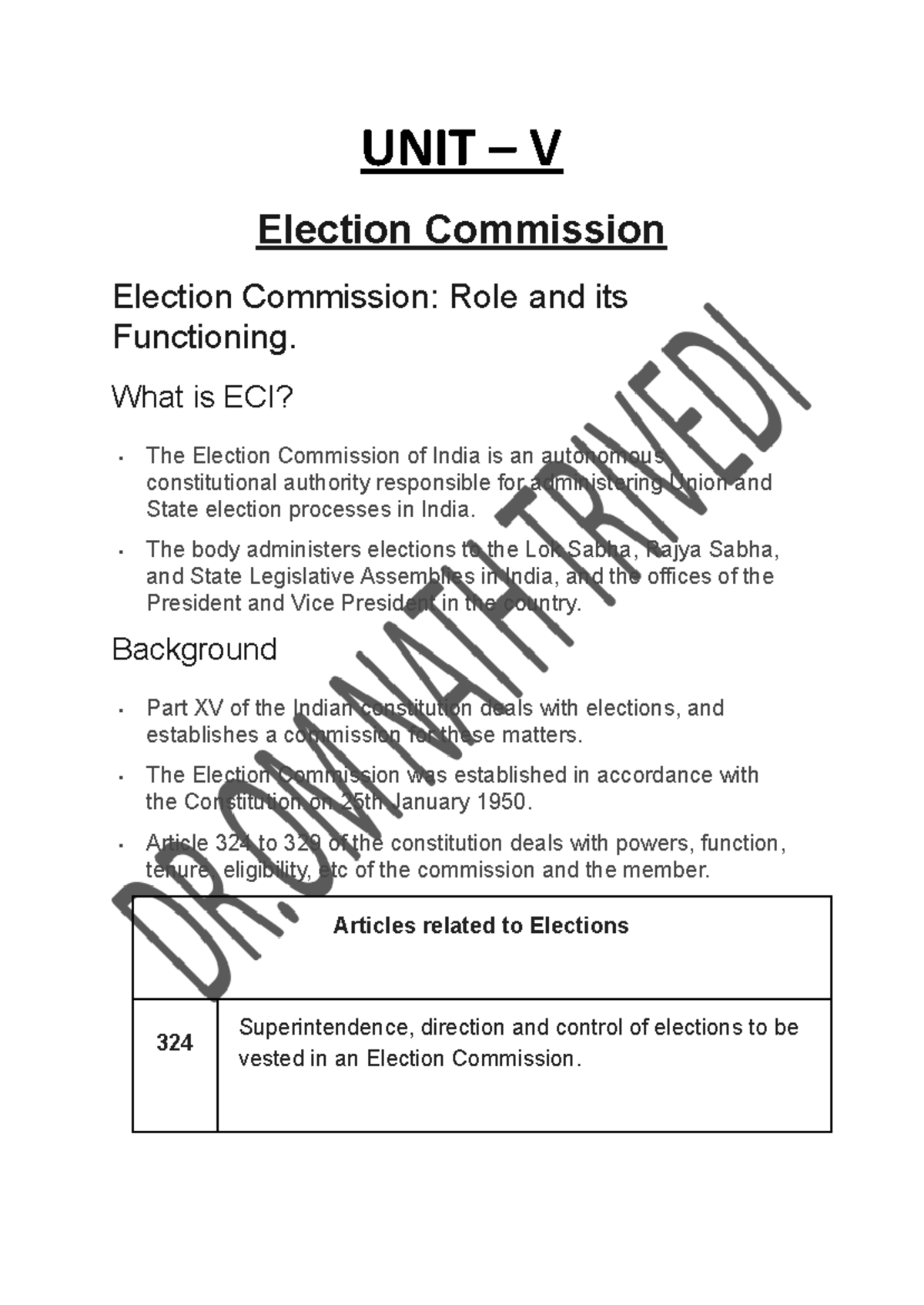 UNIT-V Notes on the Election Commission and Its Role in the Indian ...