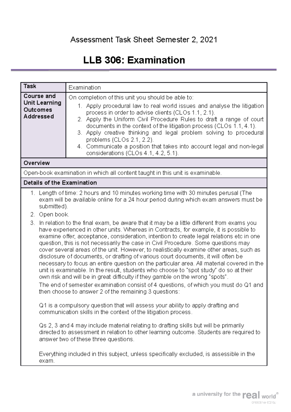 LLB306 Exam Task Sheet 2021 - LLB306 - QUT - Studocu