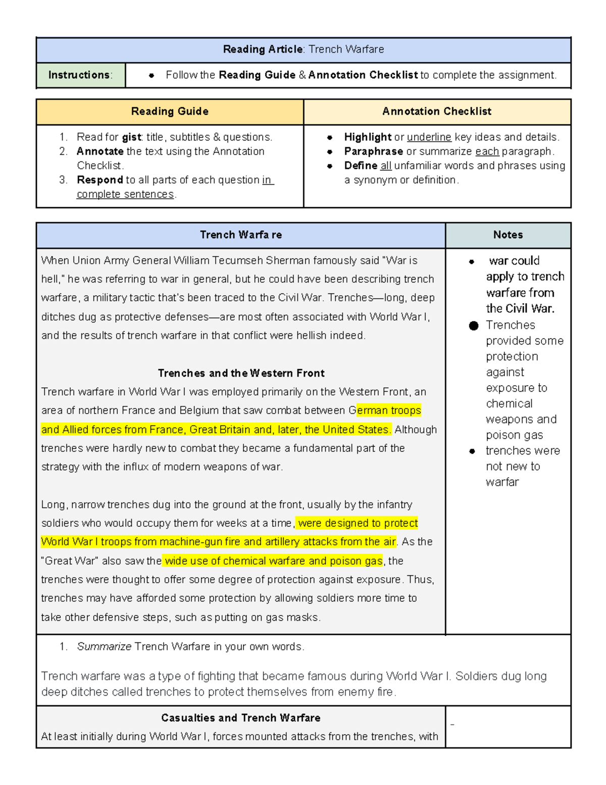 Trench Warfare Analysis & Notes - History 101 Reading Assignment - Studocu