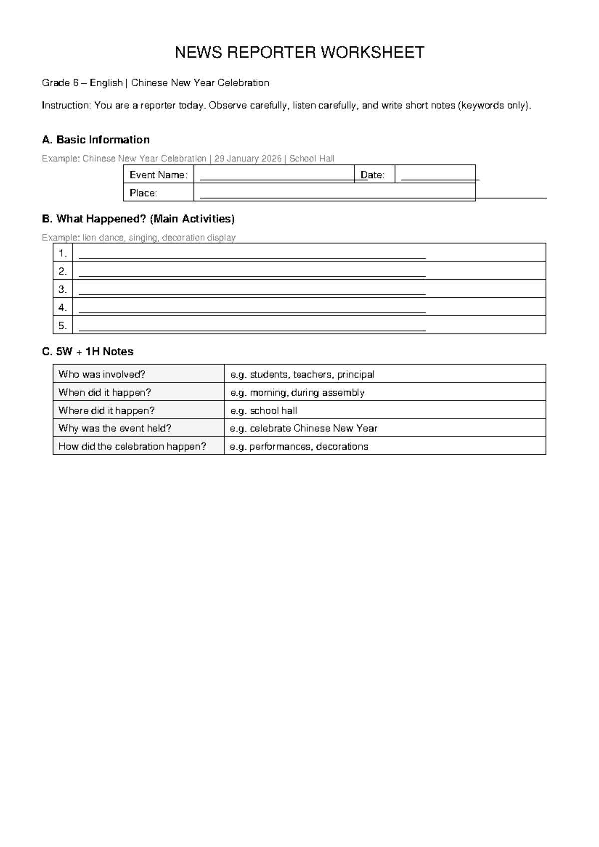 Grade 6 English Reporter Worksheet: Chinese New Year Celebration - Studocu