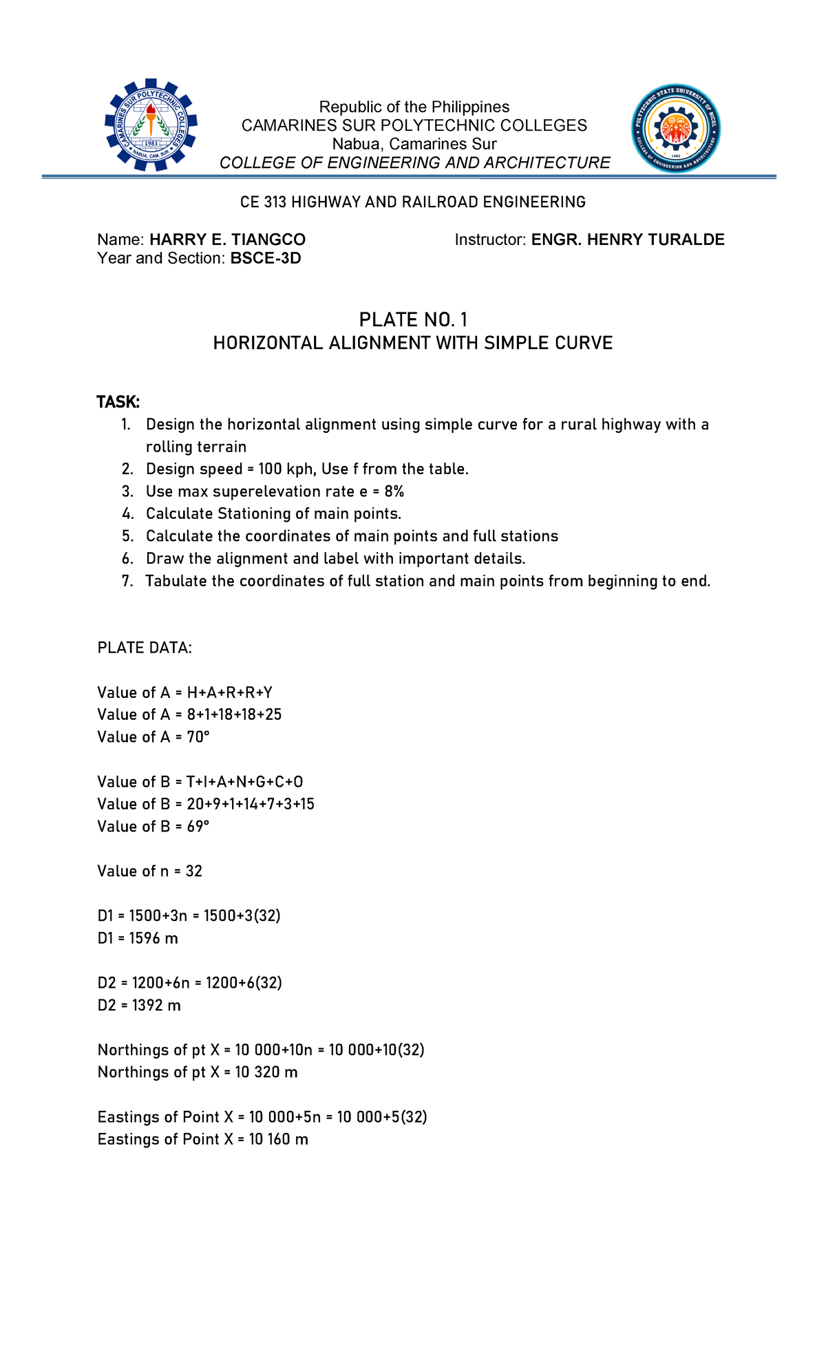 CE 313 Final Exam: Horizontal Alignment Design with Simple Curve - Studocu