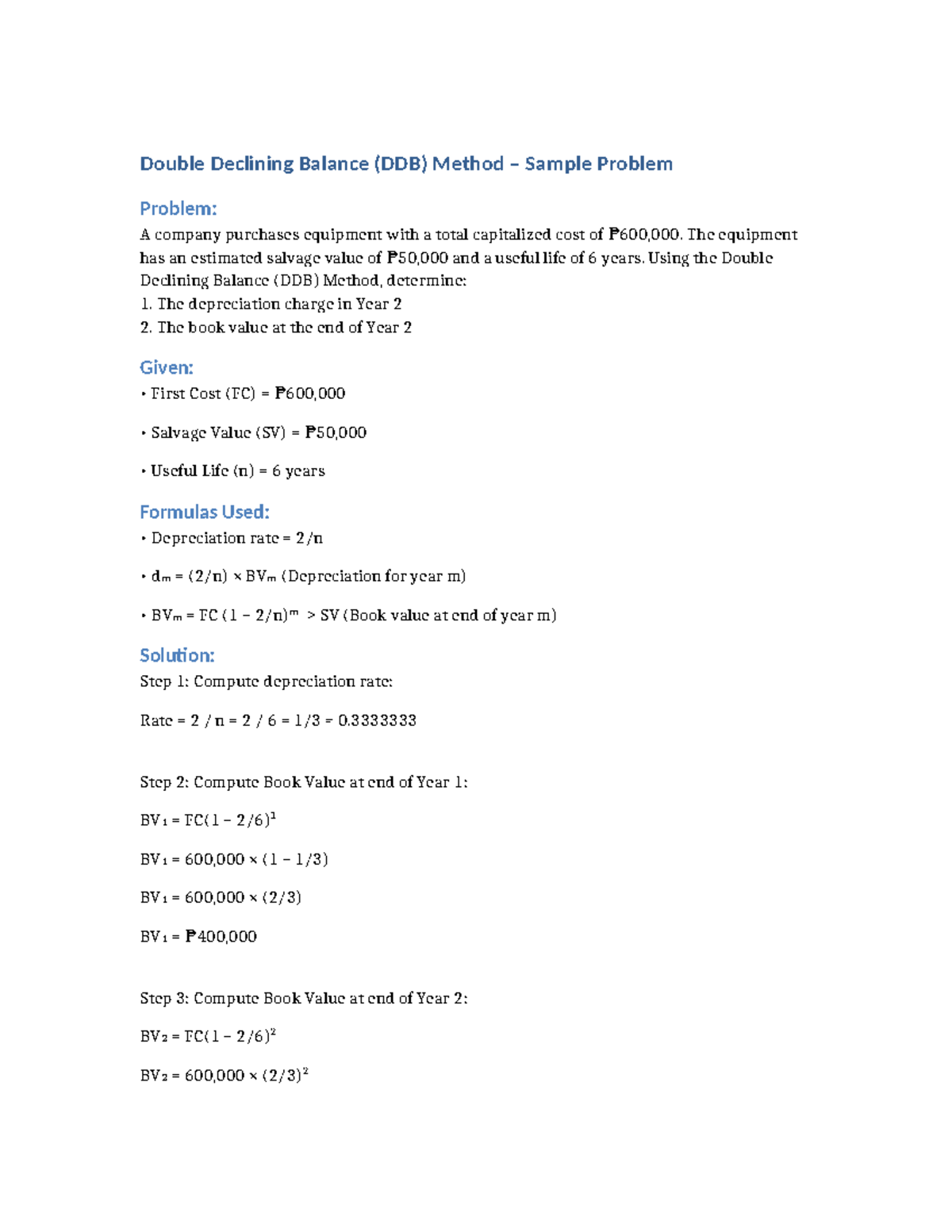 Double Declining Balance (DDB) Method Sample Problem Analysis - Studocu