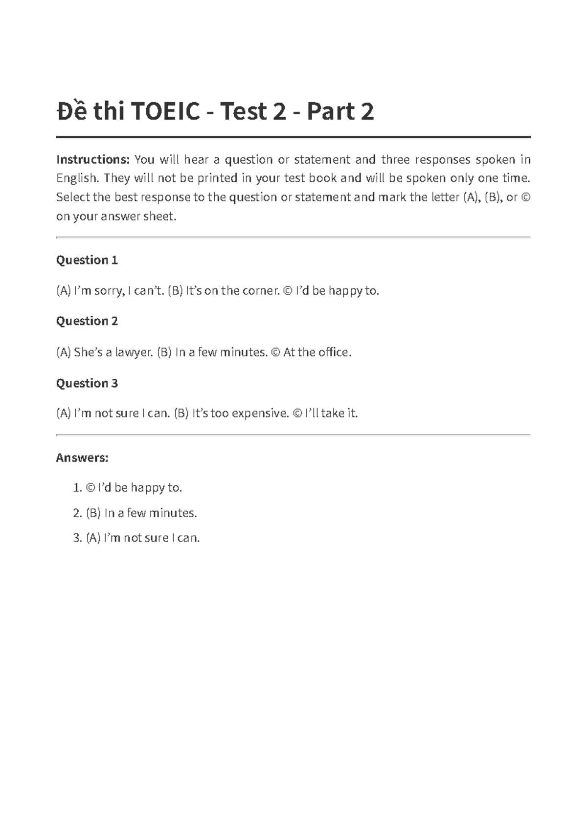 Đề thi TOEIC Test 2: Part 2 Question & Response - Studocu