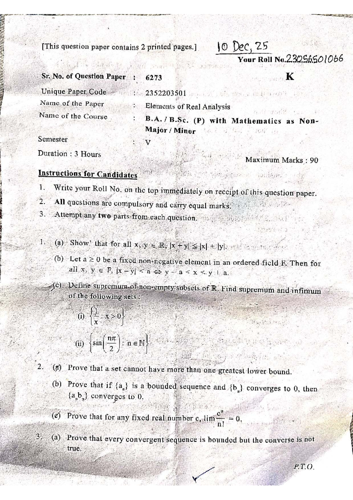 Elements of Real Analysis (P) Midterm Question Paper - Dec 2025 - Studocu