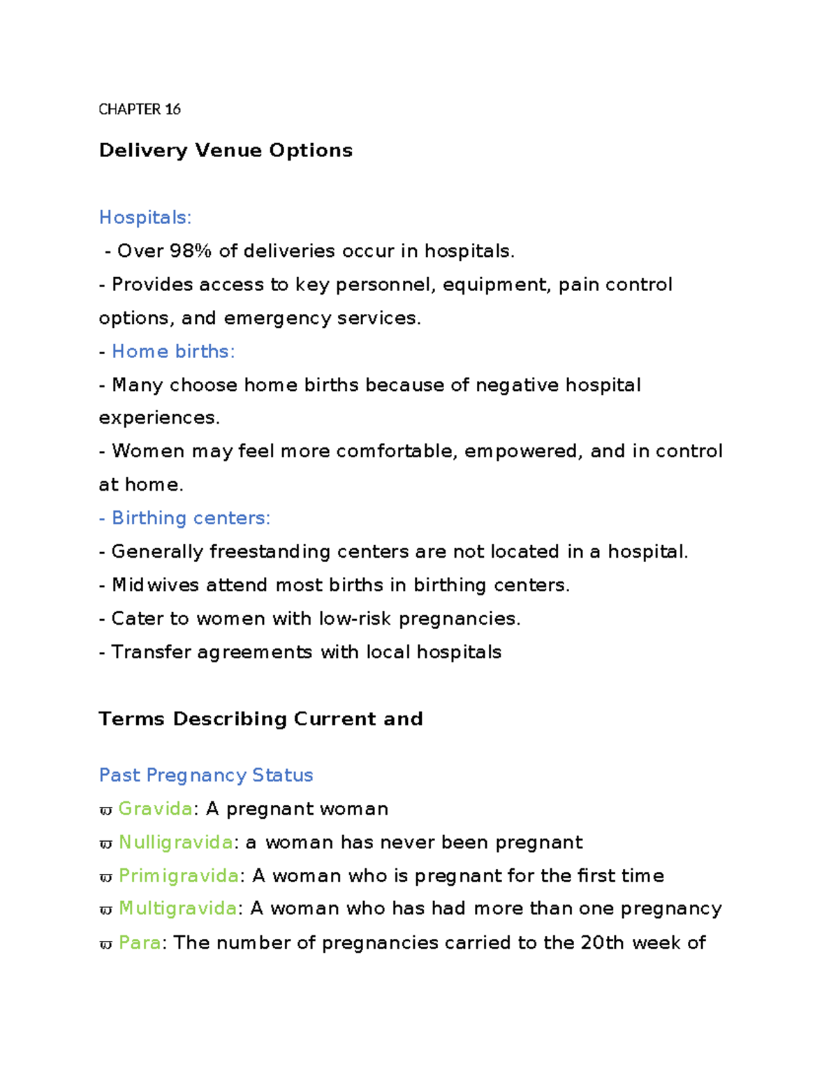 CHAP 16 OB RE - Delivery Venue Options and Labor Stages Overview - Studocu