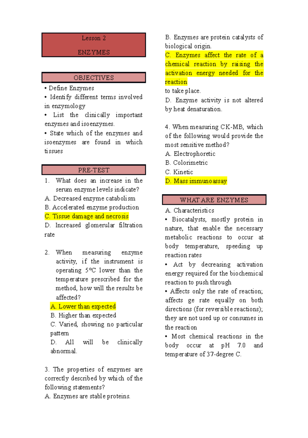 Cc2 lesson 2 - Second semester - Lesson 2 ENZYMES OBJECTIVES Define ...