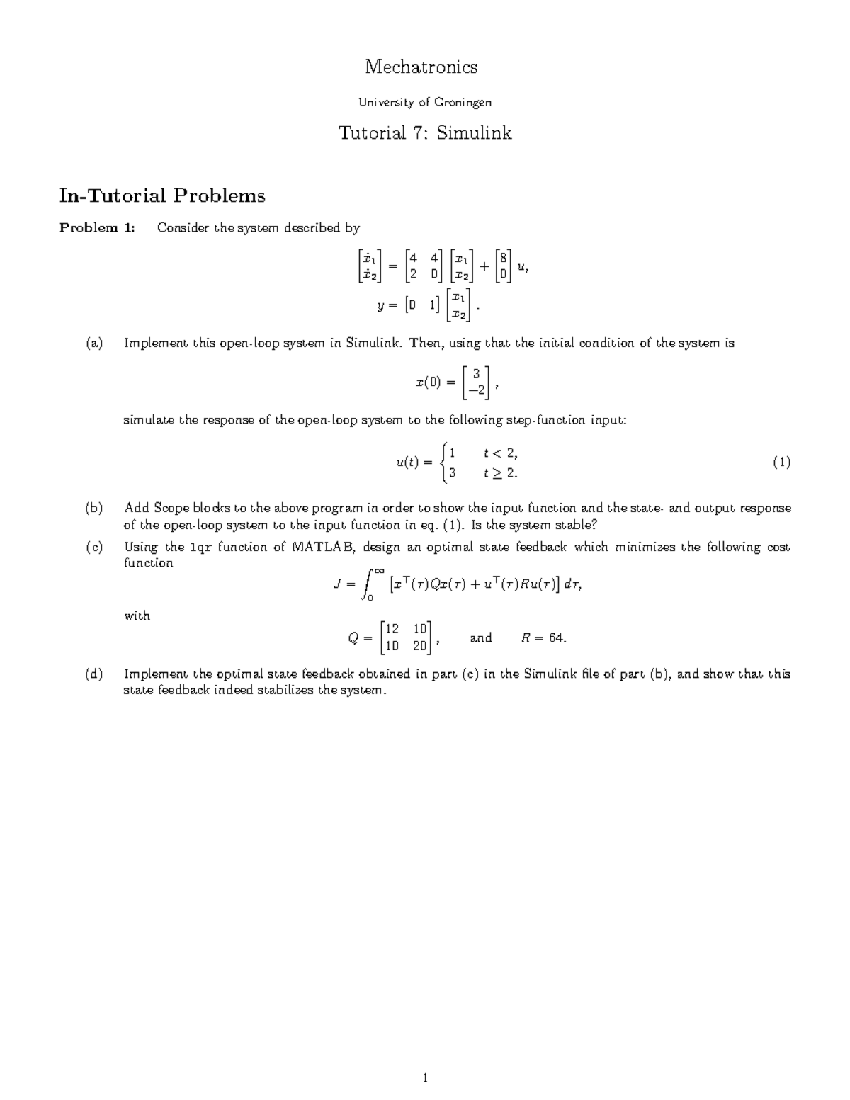 Mechatronics Tutorial 7: Simulink Analysis and Problem Solutions ...