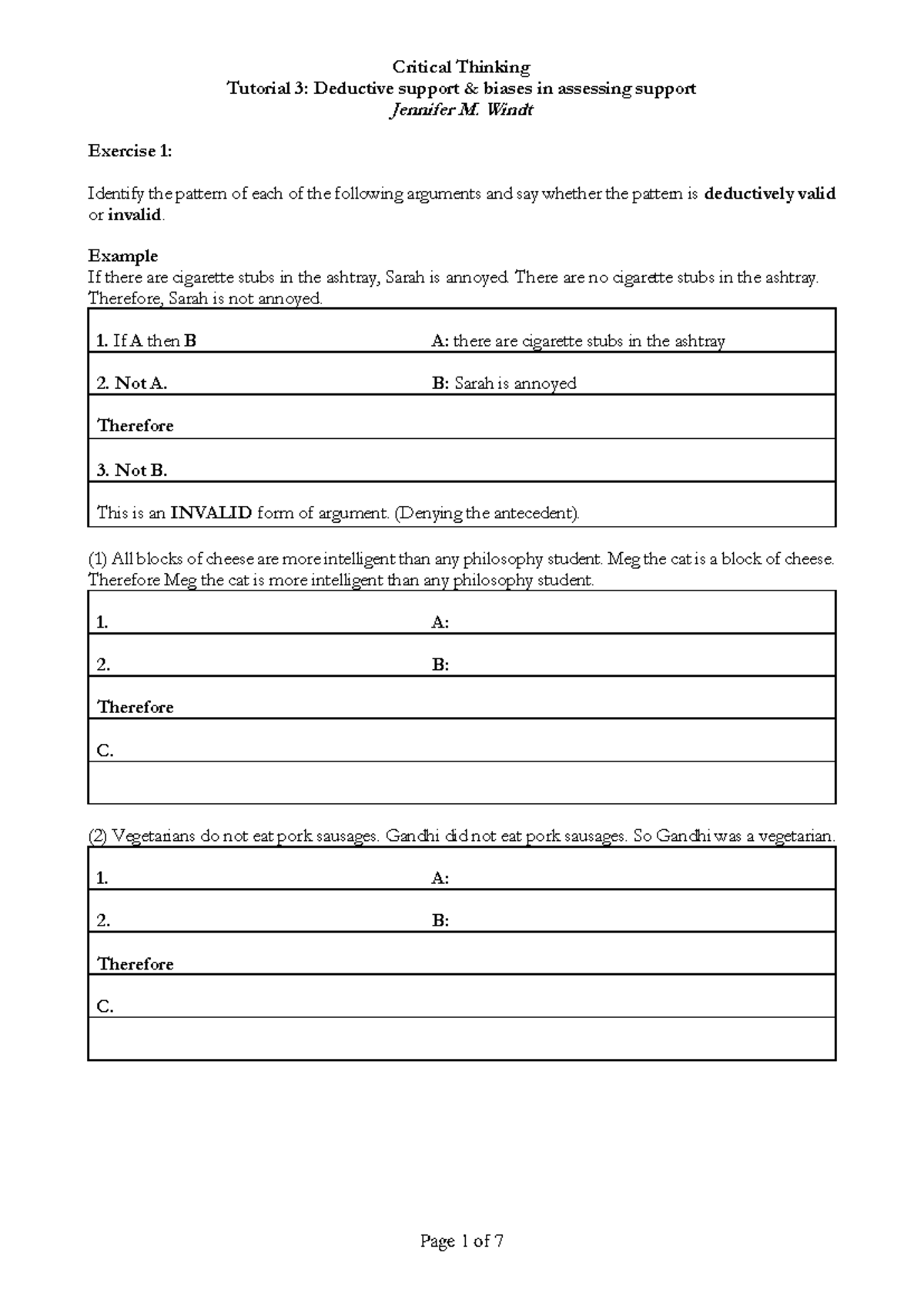 Critical Thinking Tutorial 3: Exercises on Deductive Support & Biases ...