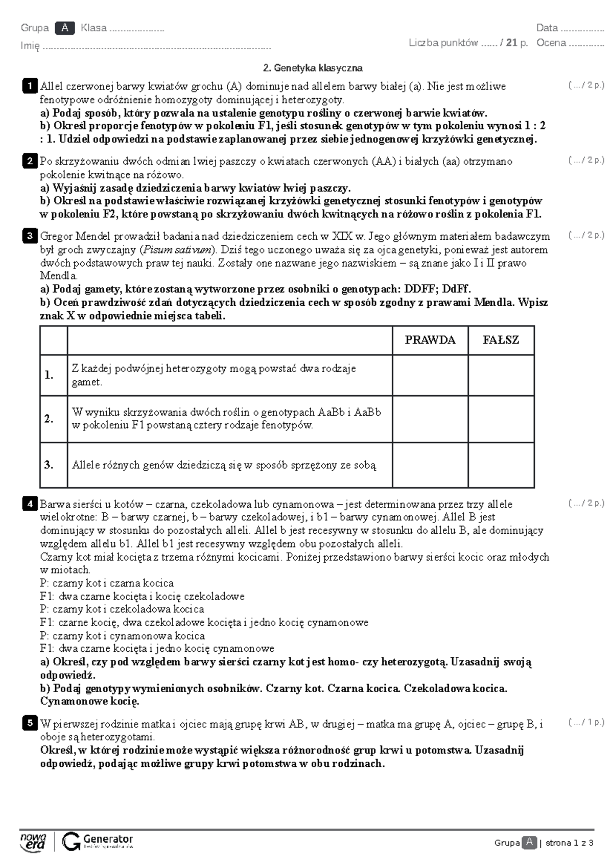 Biologia Genetyka 1 Technikum Sprawdzian www.studocu.com