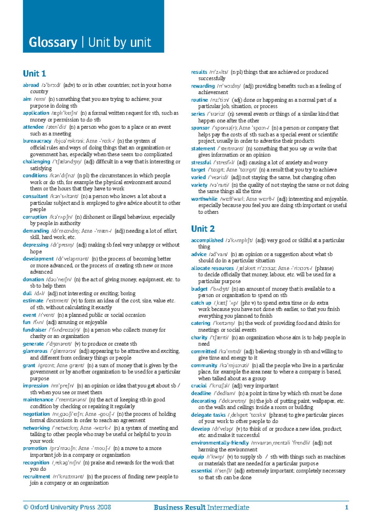 Business Result Intermediate: Comprehensive Glossary of Terms - Studocu