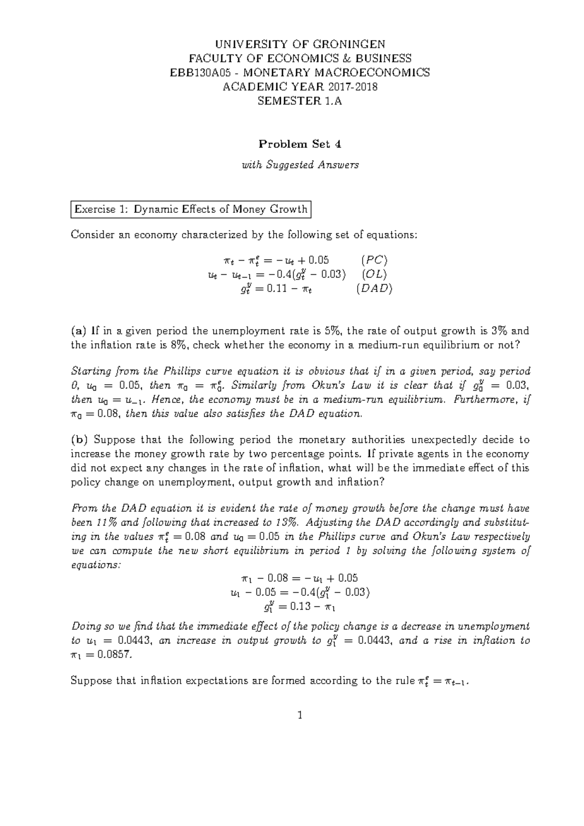 EBB130A05 Monetary Macroeconomics Problem Set 4 with Solutions ...