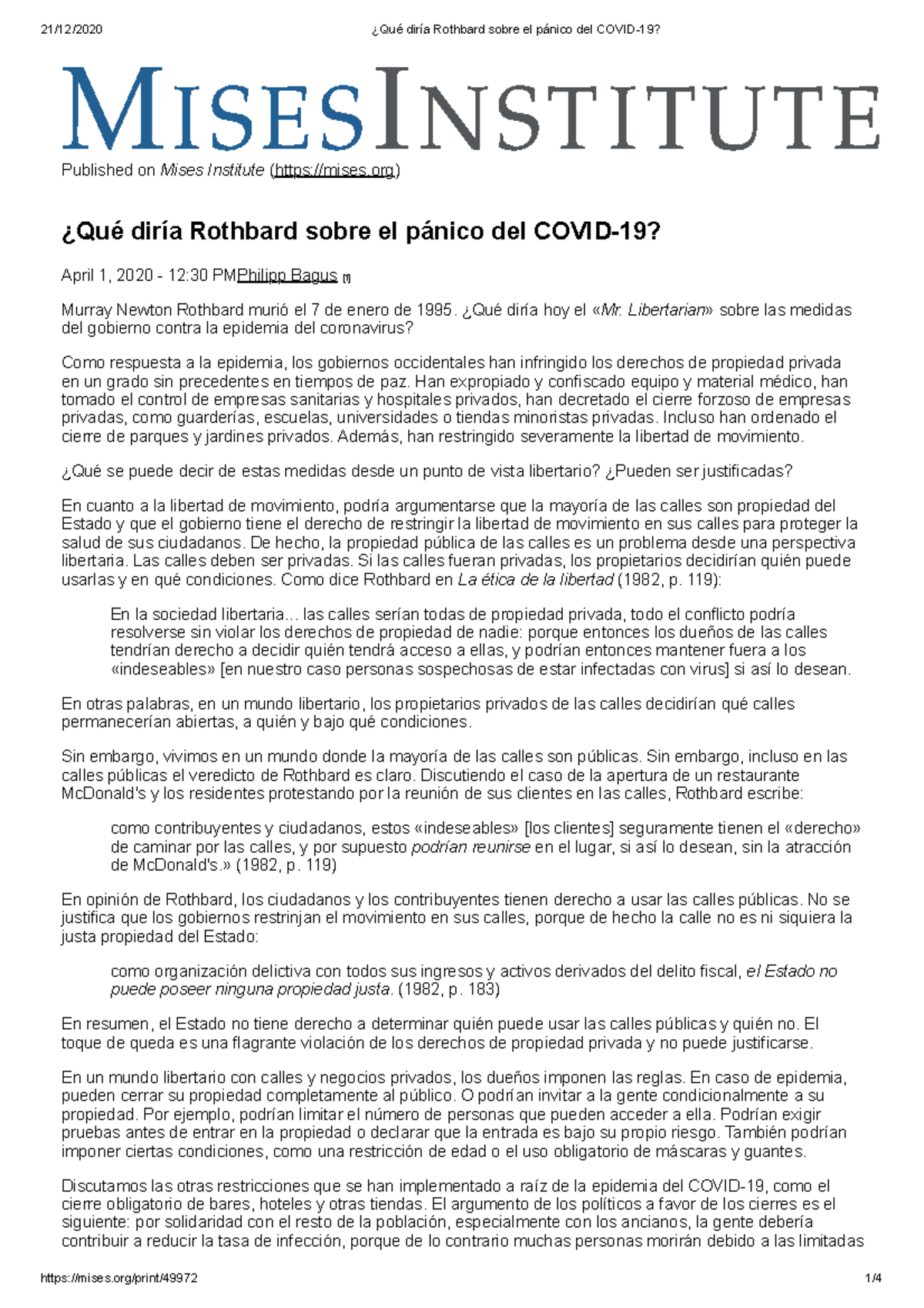 ¿Qué diría Rothbard sobre el pánico del Covid-19 - Published on Mises ...