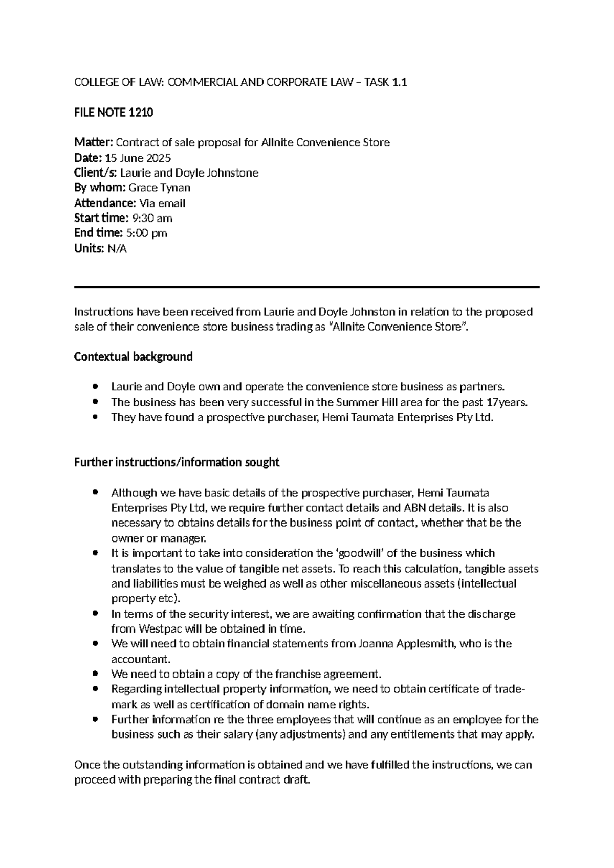 COLLEGE OF LAW: CCP TASK 1.1 FILE NOTE - Contract of Sale Proposal ...
