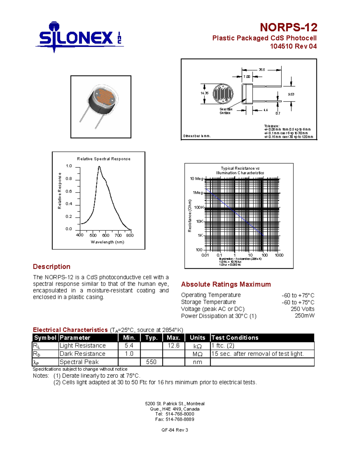 Silonex Norps 12 datasheet 2 - NORPS- Plastic Packaged CdS Photocell ...