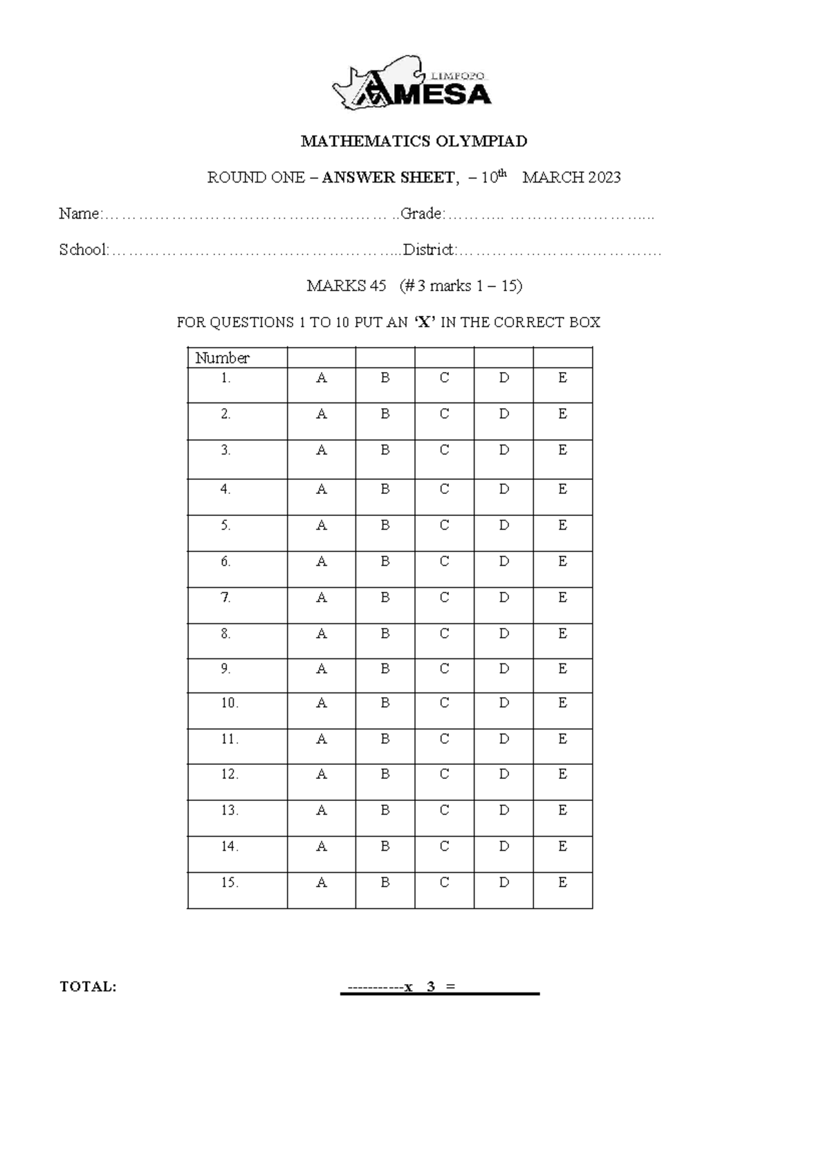 MATHEMATICS OLYMPIAD ROUND 1 ANSWER SHEET - MARCH 2023 - Studocu