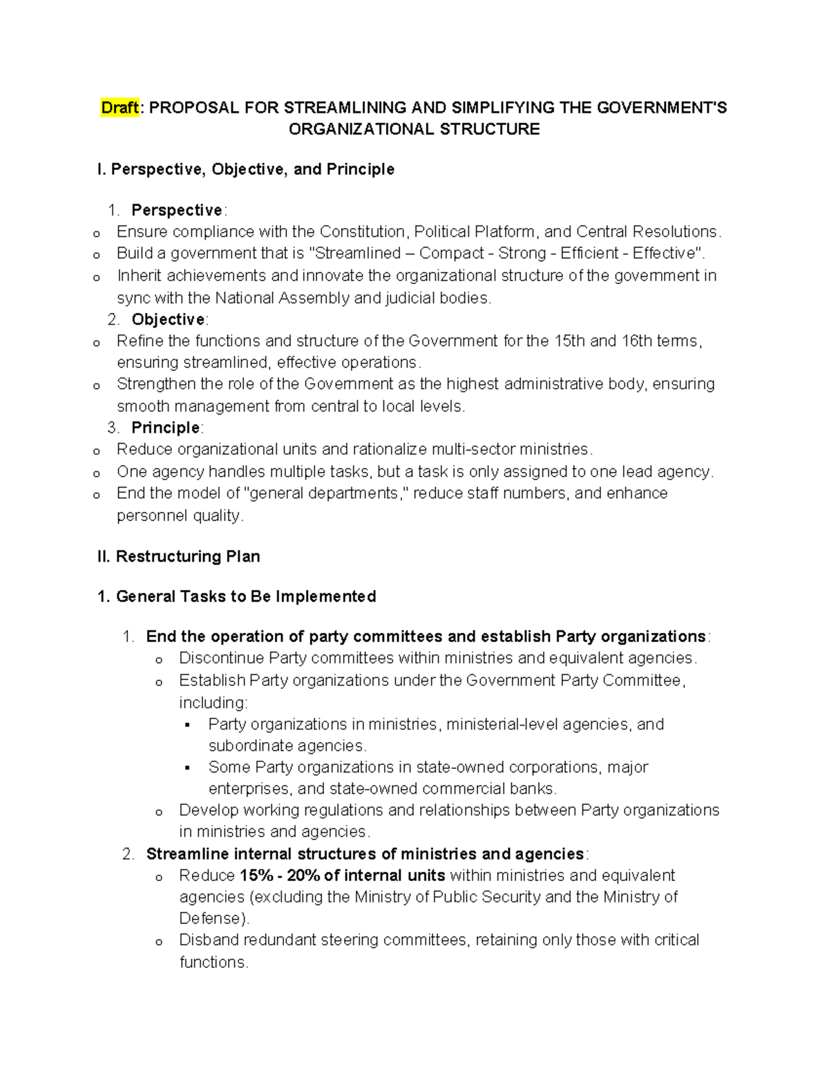 Draft Proposal for Streamlining Government Org Structure - Studocu
