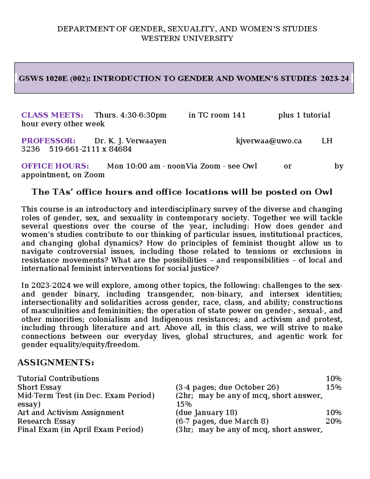 GSWS 1020E: Intro to Gender Studies Syllabus & Course Schedule - Studocu