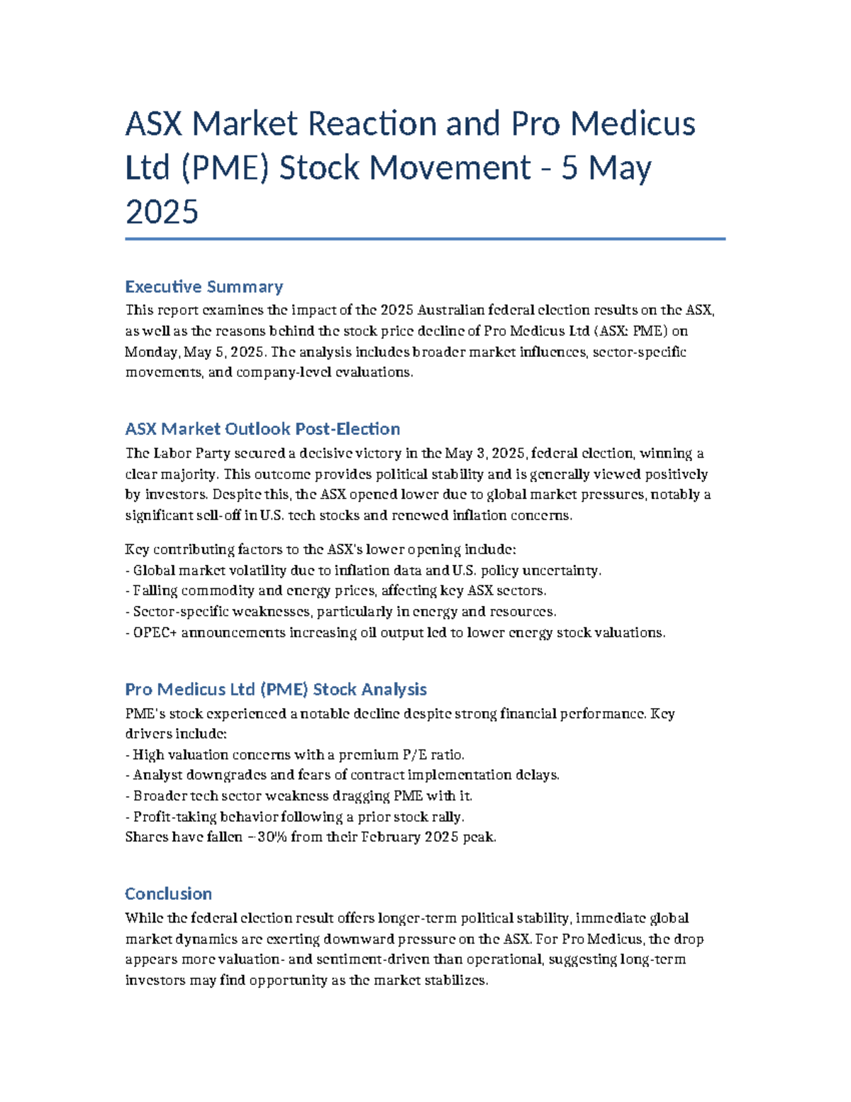 ASX Market Reaction & PME Stock Analysis - May 5, 2025 Report - Studocu