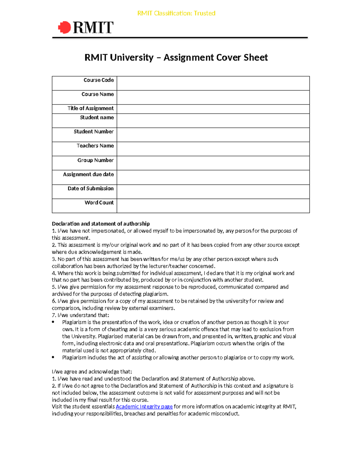 MKTG1205 Assignment Cover Sheet - RMIT Classification: Trusted RMIT ...