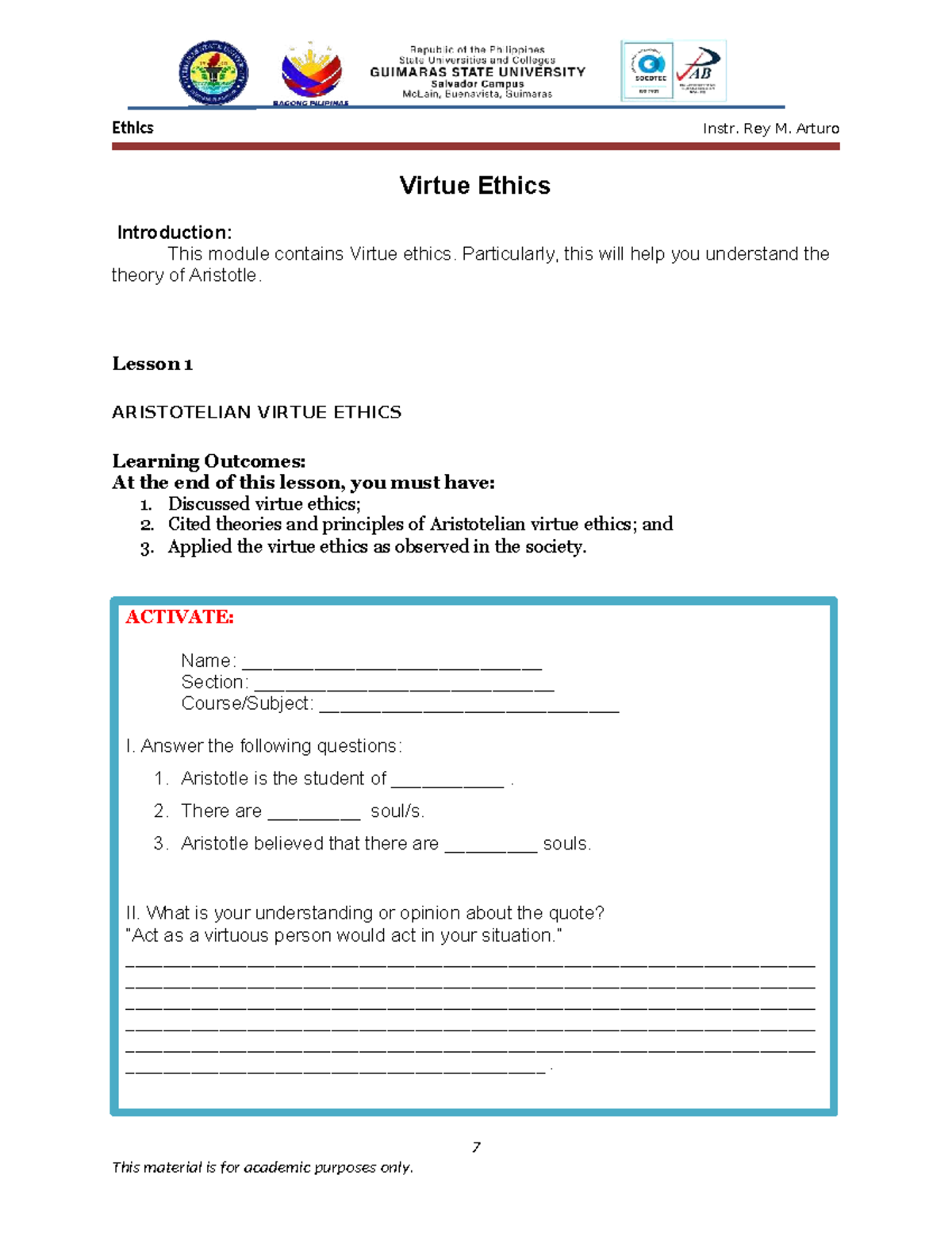24 1 Aristotelian Virtue Ethics - Virtue Ethics Introduction: This ...
