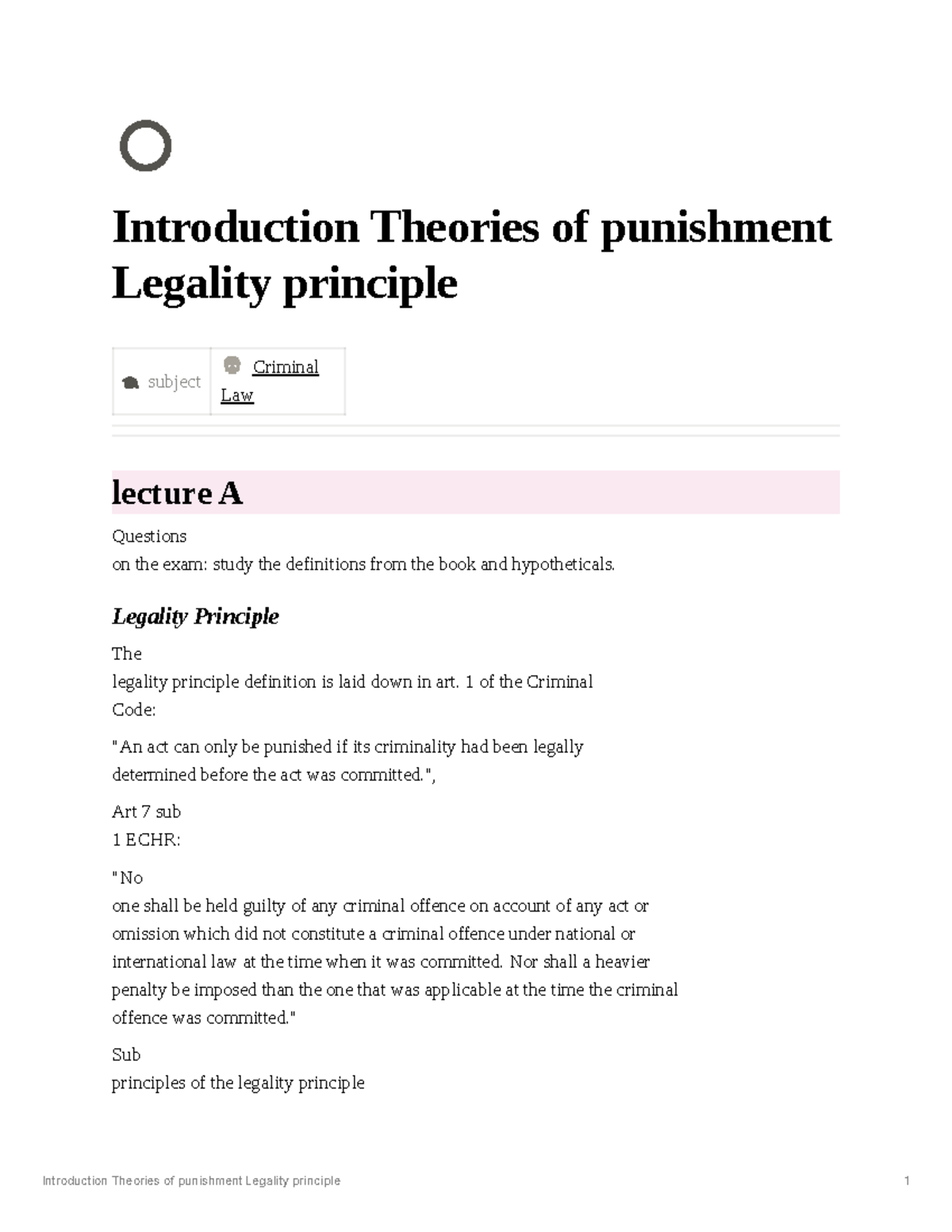 Criminal Law Lecture A: Theories of Punishment & Legality Principle ...