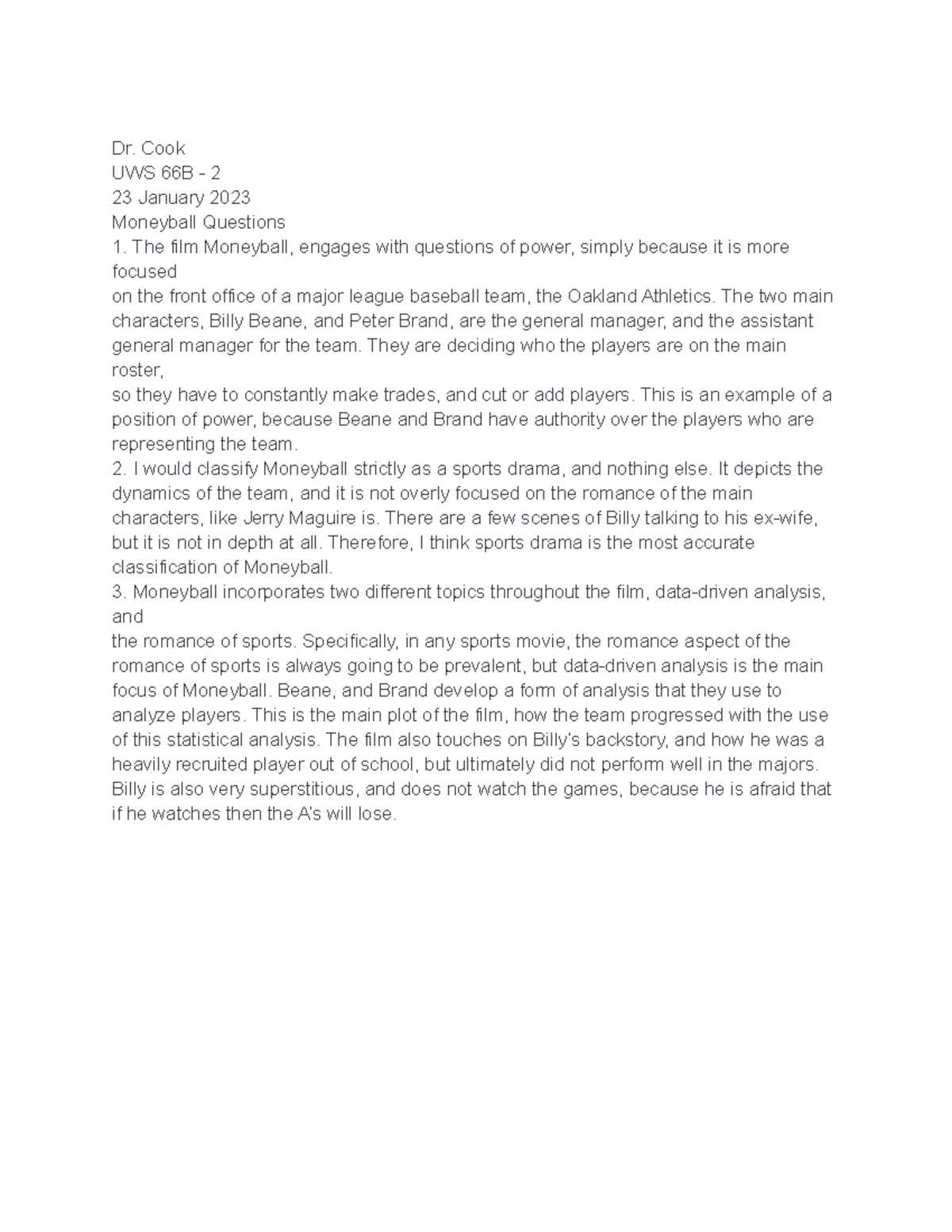 UWS 66B Moneyball Notes - Insights from Dr. Cook's Lecture - Studocu