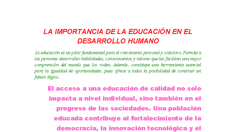 LA IMPORTANCIA DE LA EDUCACIÓN EN EL DESARROLLO HUMANO - Lineamientos ...
