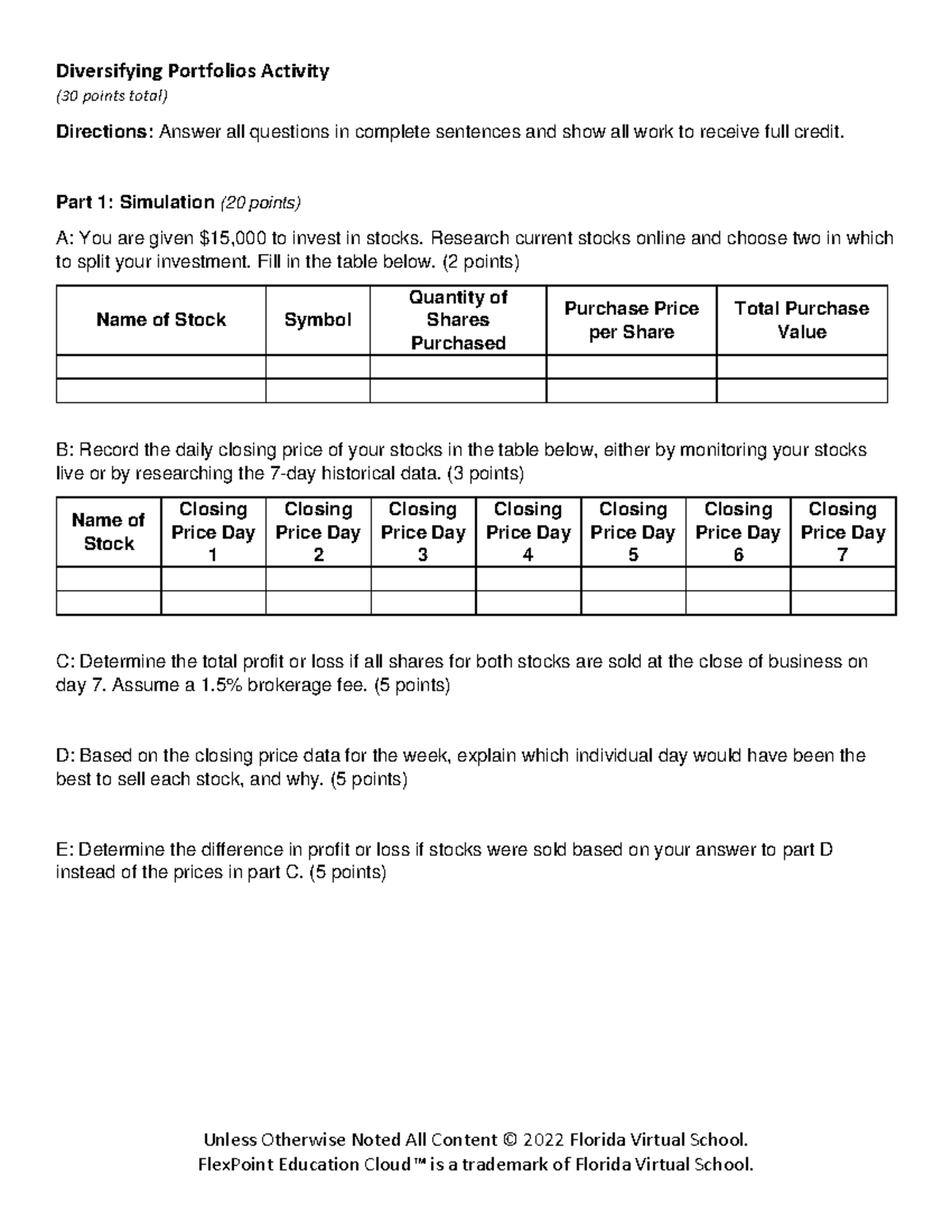 601 Activity - Diversifying Portfolios: Stock Investment Assignment ...