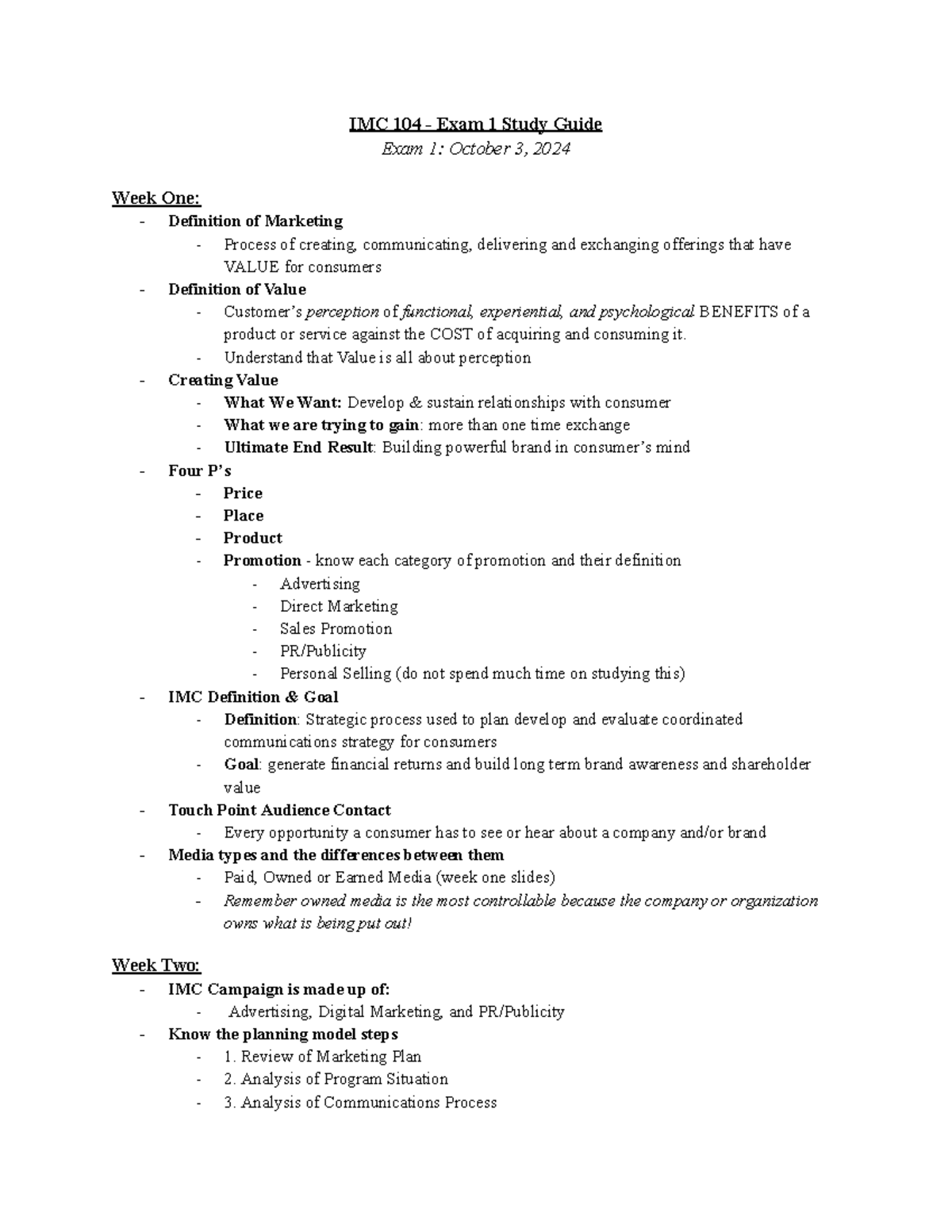 IMC 104 - Exam 1 Study Guide: Key Concepts and Strategies for Success ...