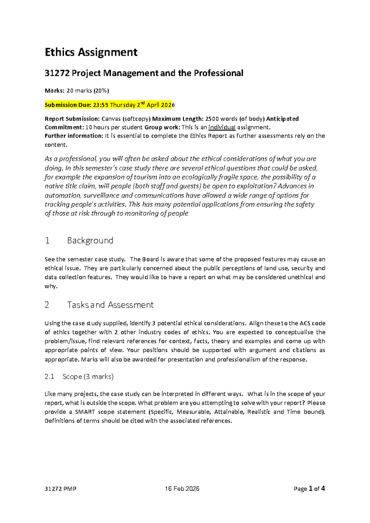 Ethics Report Guidelines for 31272 Project Management Assignment - Studocu