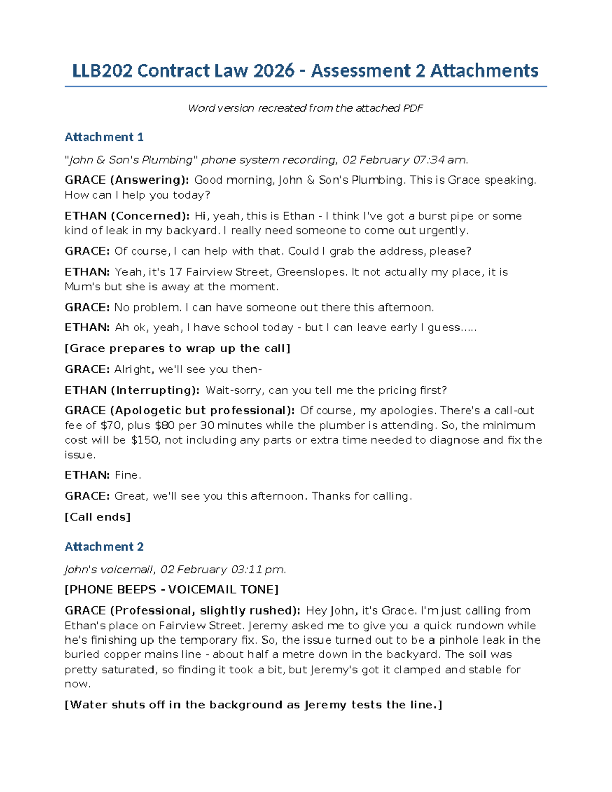 LLB202 Contract Law 2026 Assessment 2: Plumbing Service Dispute ...