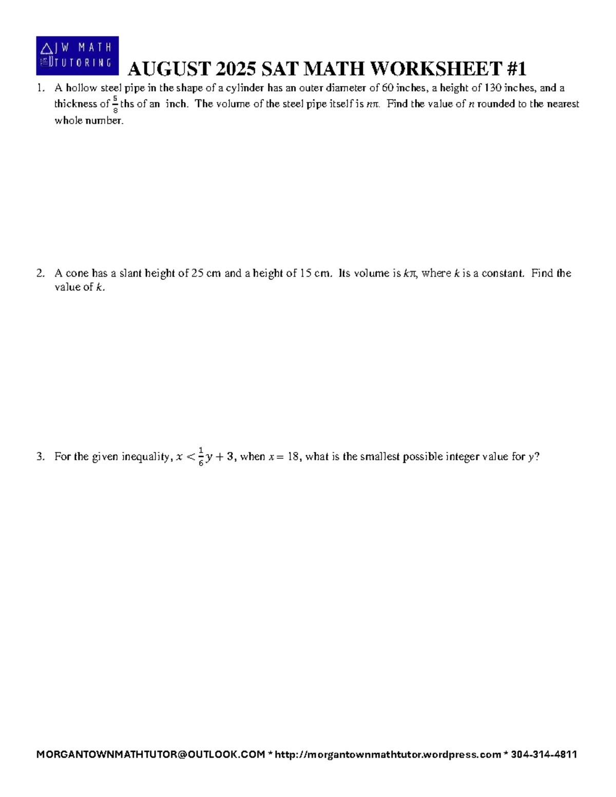AUGUST 2025 SAT MATH WORKSHEET 1: PROBLEMS & SOLUTIONS - Studocu