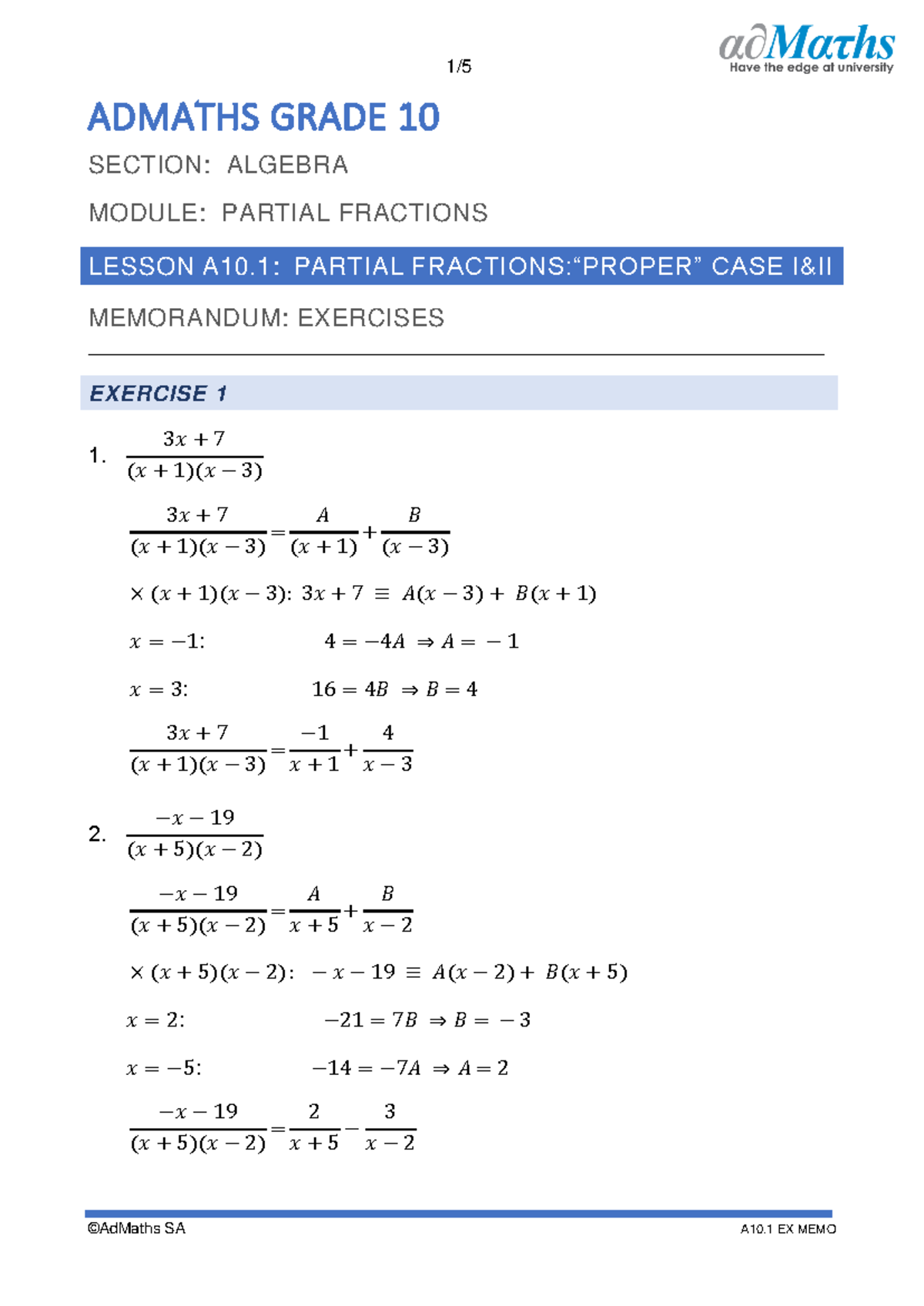 A10.1 Algebra: Partial Fractions Exercises & Memo - Studocu