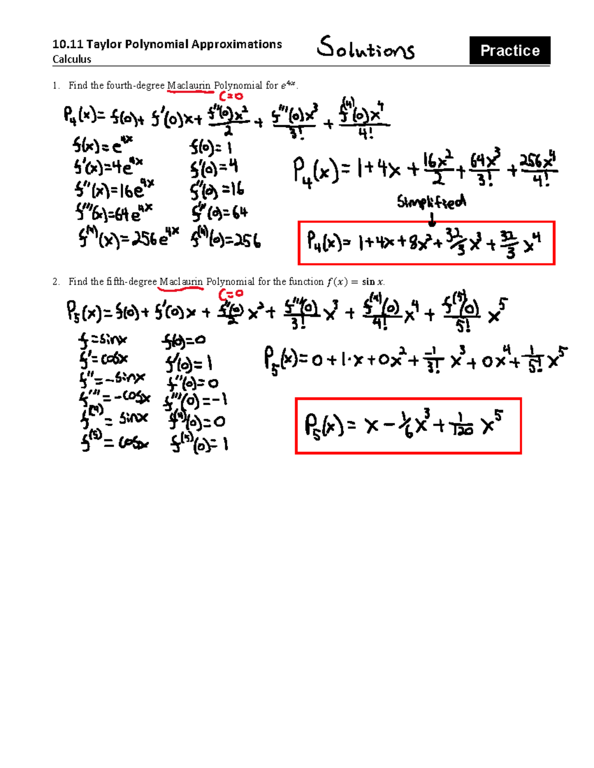 Calc 10.11 Taylor Polynomial Approximations Practice Solutions - Studocu