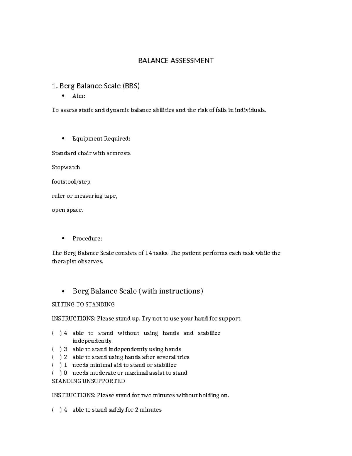 BBS Balance Assessment: Berg, Romberg & Functional Reach Tests - Studocu