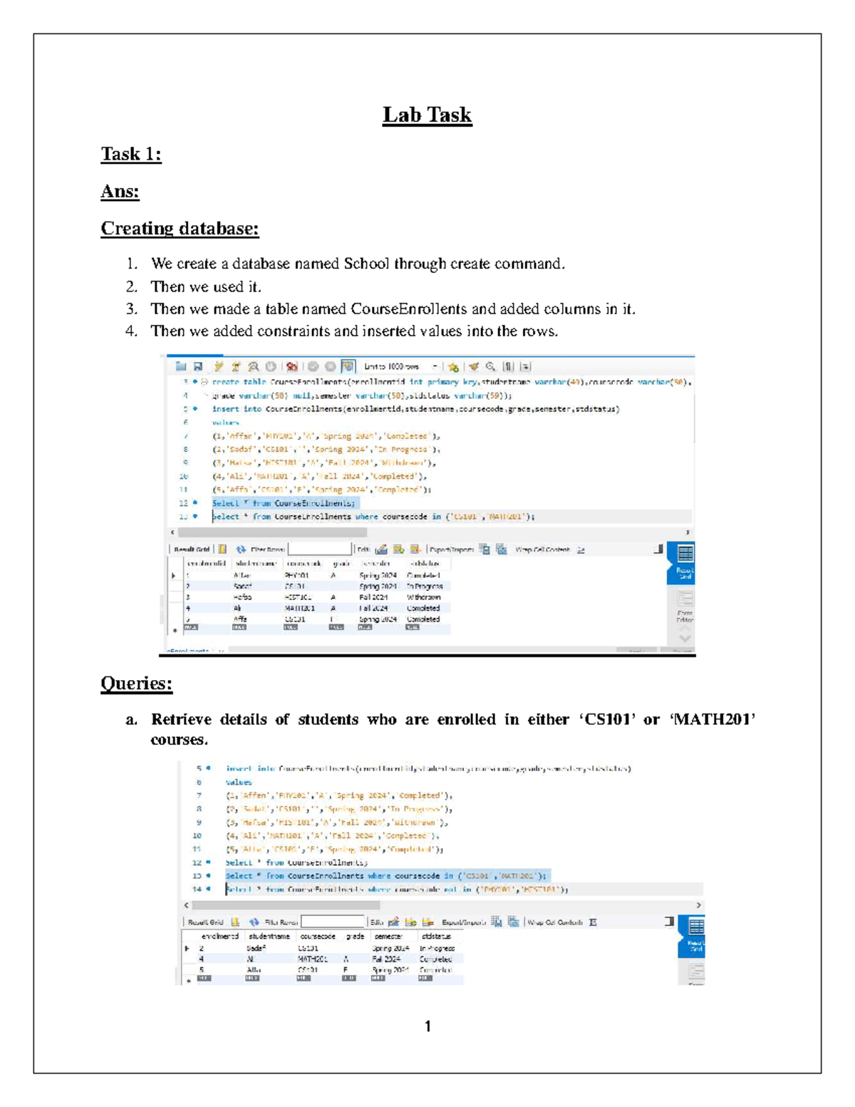 DB Lab Task 6: Creating a school database and queries - Studocu
