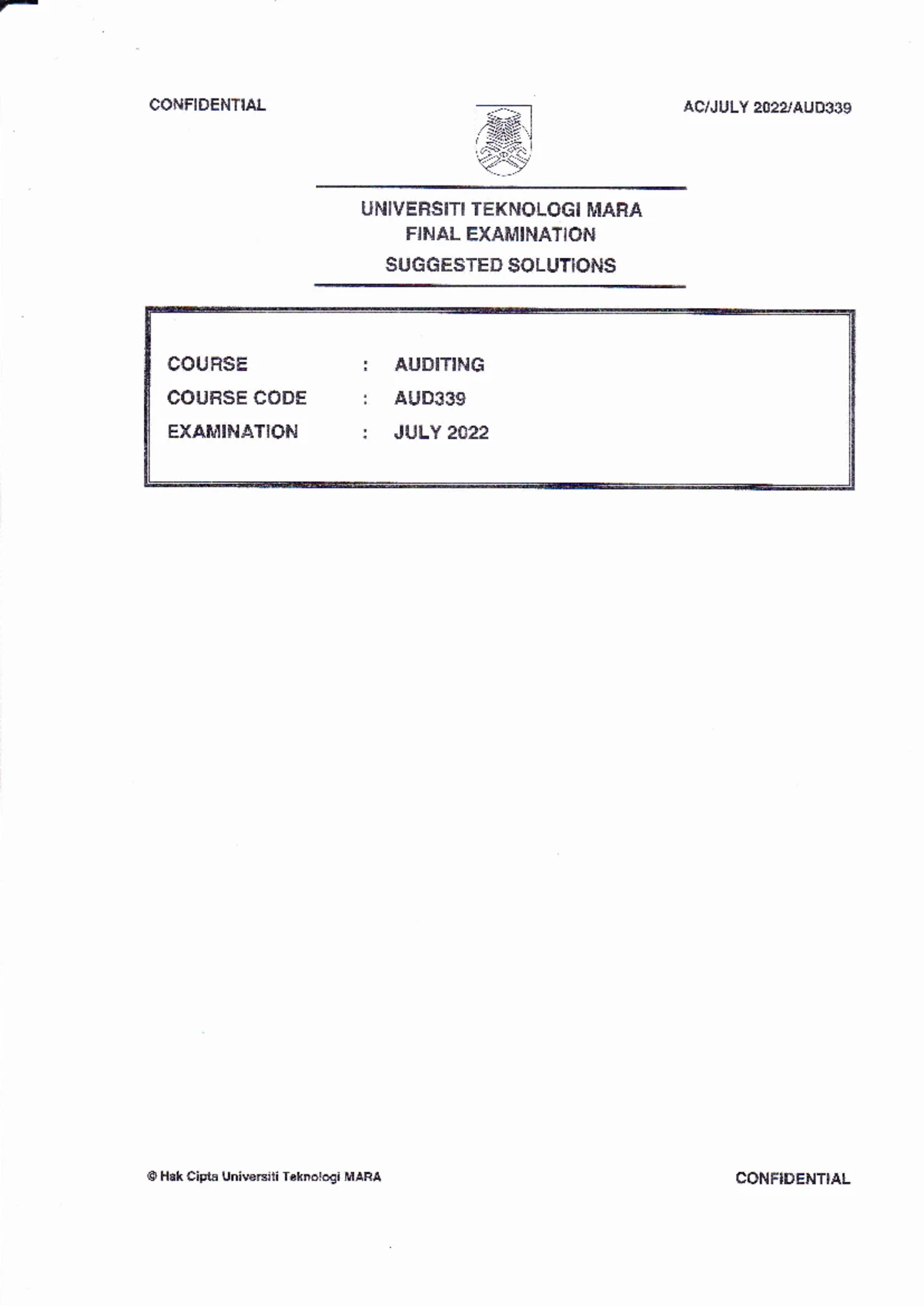 AUDITING COMMON TEST AUD339 NOV 2022 QUESTIONS & INSTRUCTIONS - Studocu