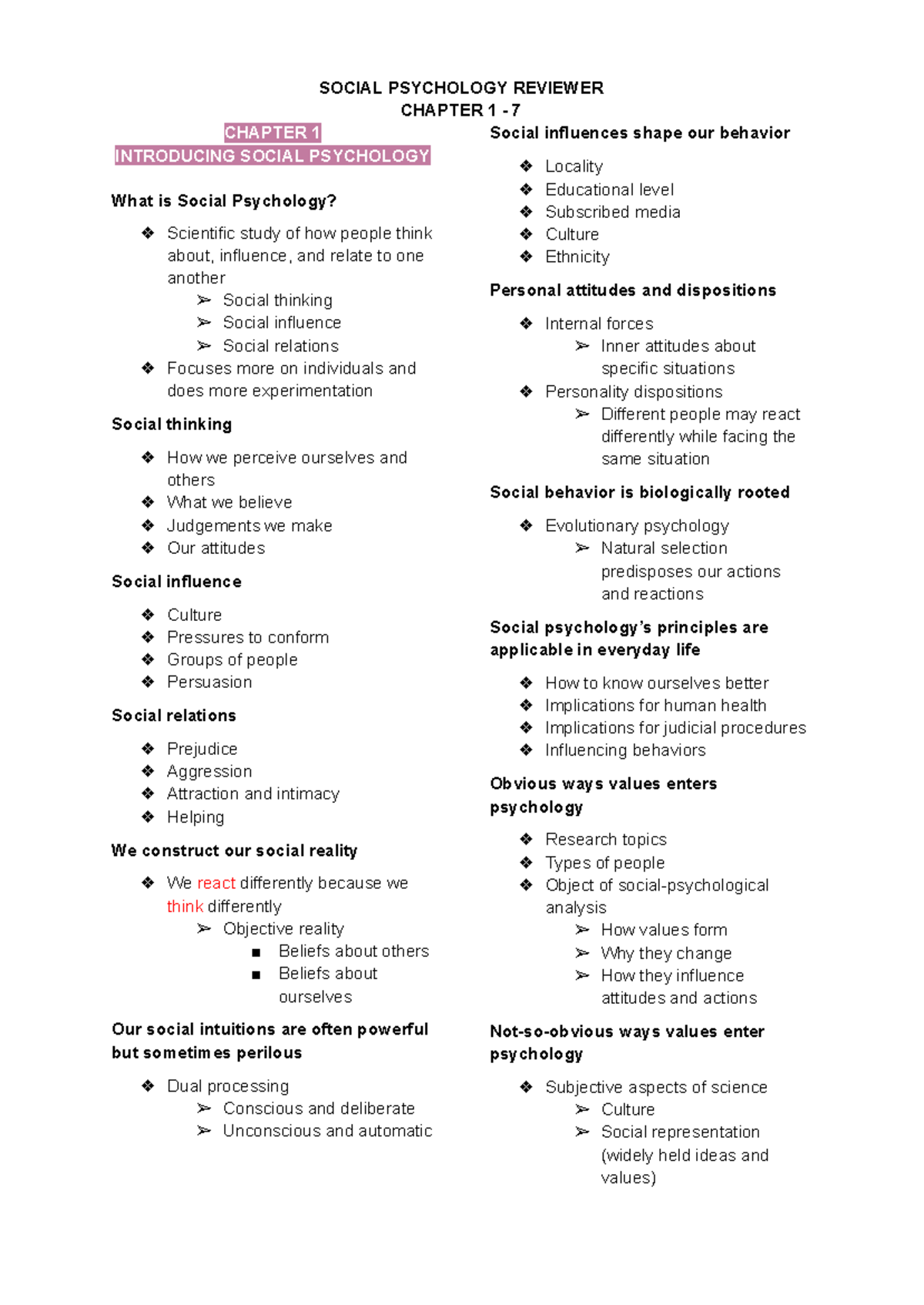 SOCIAL PSYCHOLOGY REVIEWER CHAPTER 1: Understanding Social Influences ...