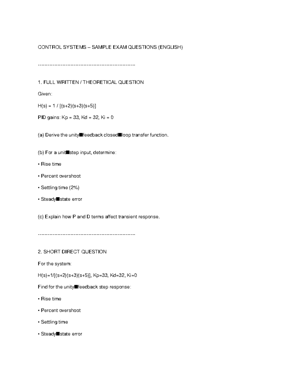 CONTROL SYSTEMS SAMPLE EXAM QUESTIONS (ENG) - PID & MATLAB Analysis ...