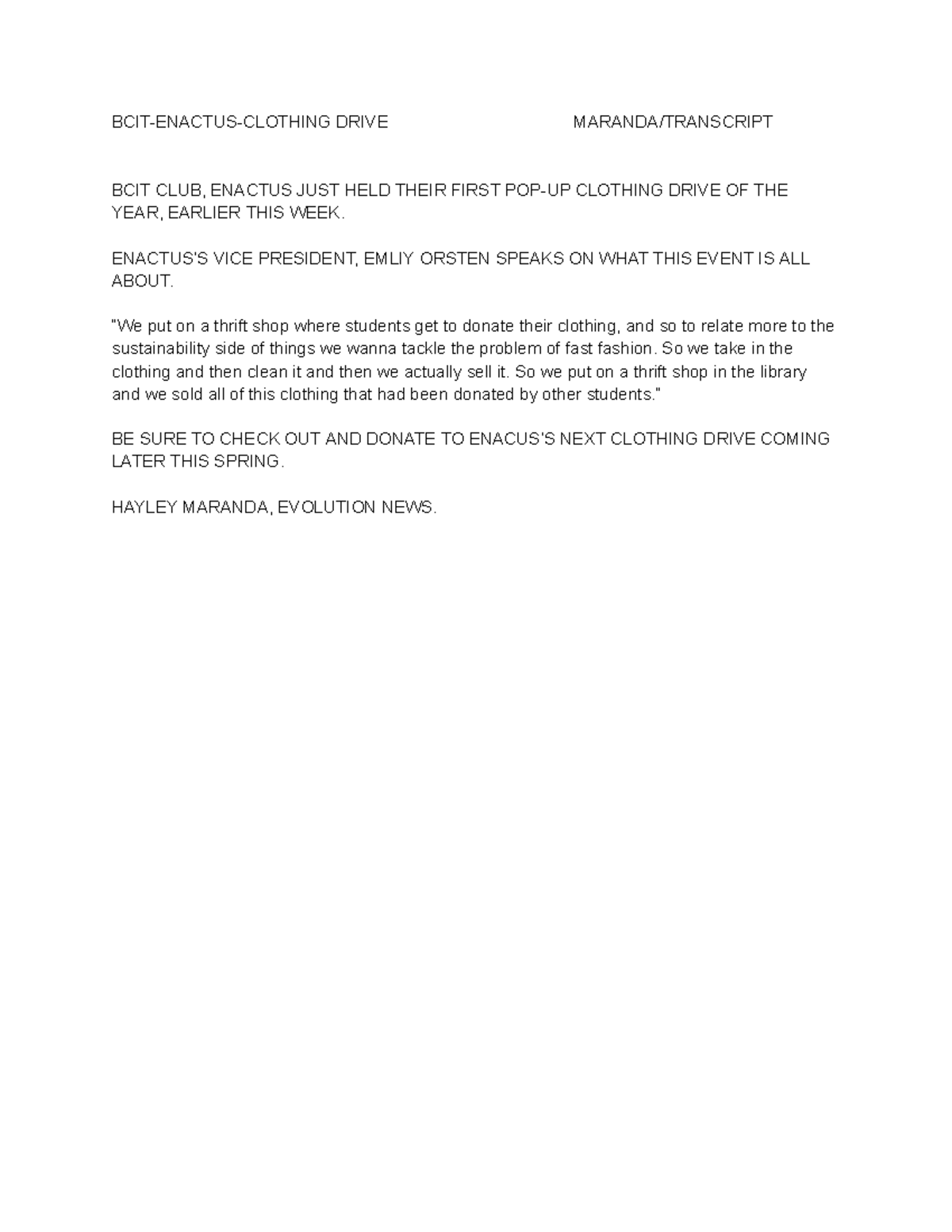 BCIT-ENACTUS Clothing Drive Event Summary - Maranda/Transcript - Studocu