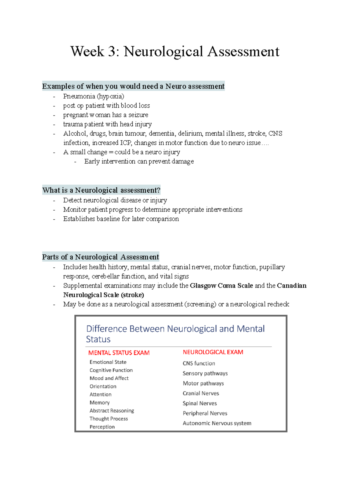 N1J02 Week 3 - Comprehensive Neurological Assessment Notes - Studocu