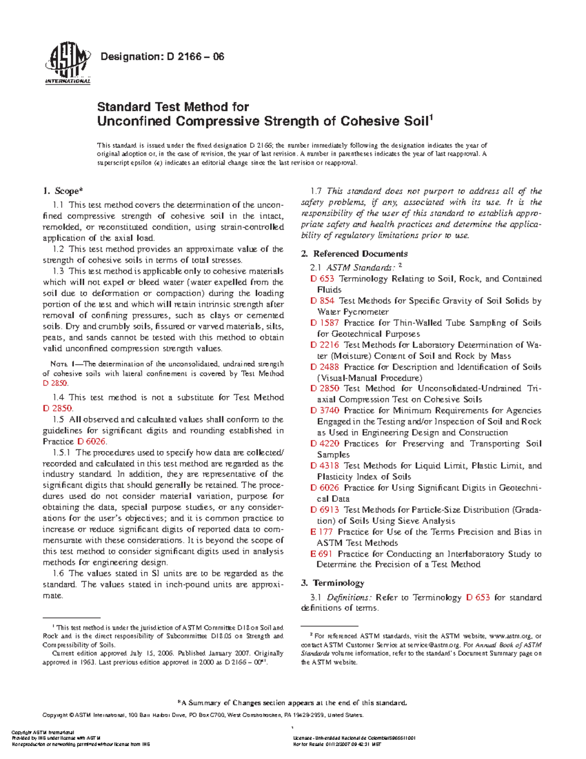 ASTM D2166-06 Standard Unconfined Compressive Strength Test - Studocu