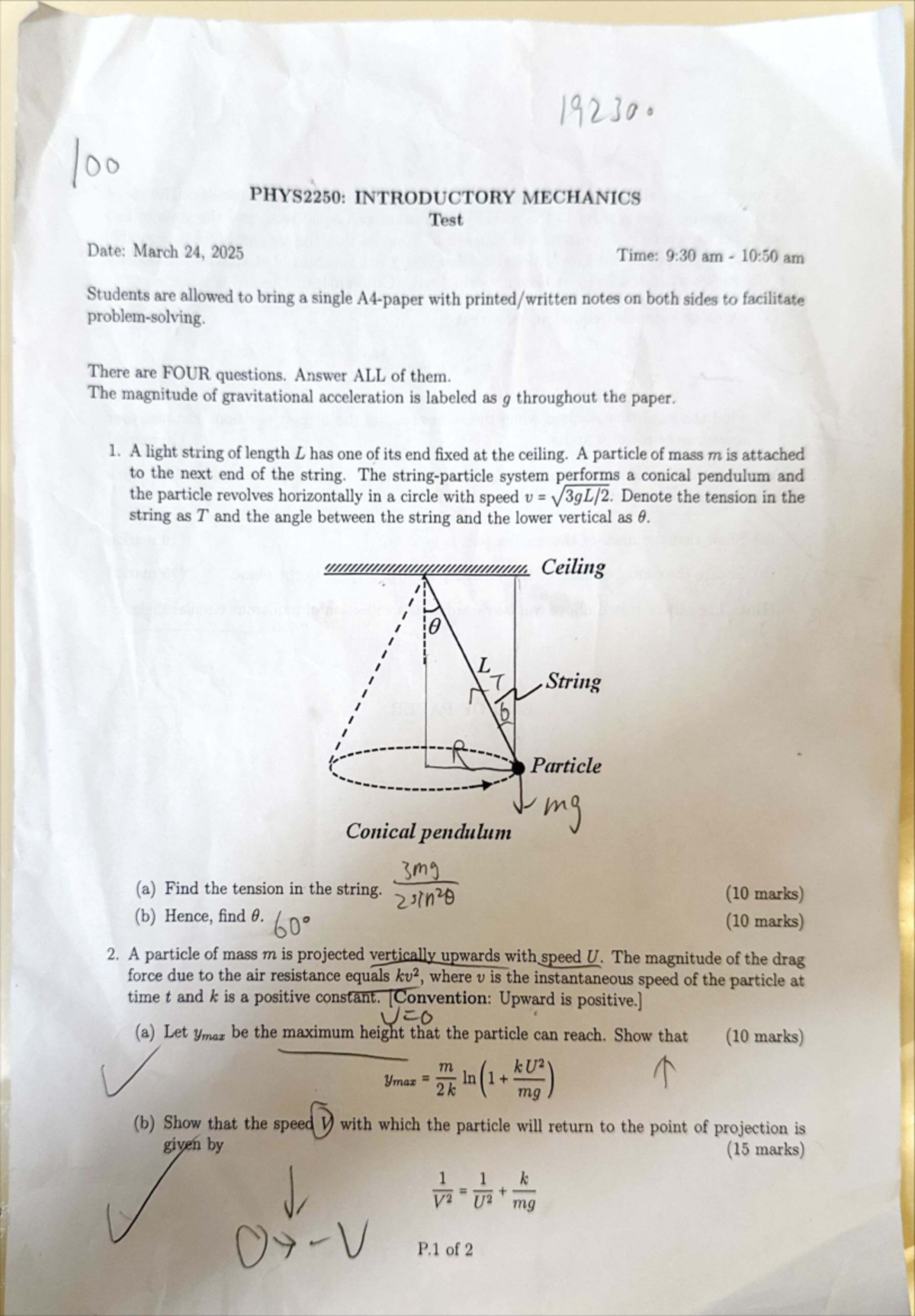 PHYS2250 2425 S2: Introductory Mechanics Test Questions and Solutions ...