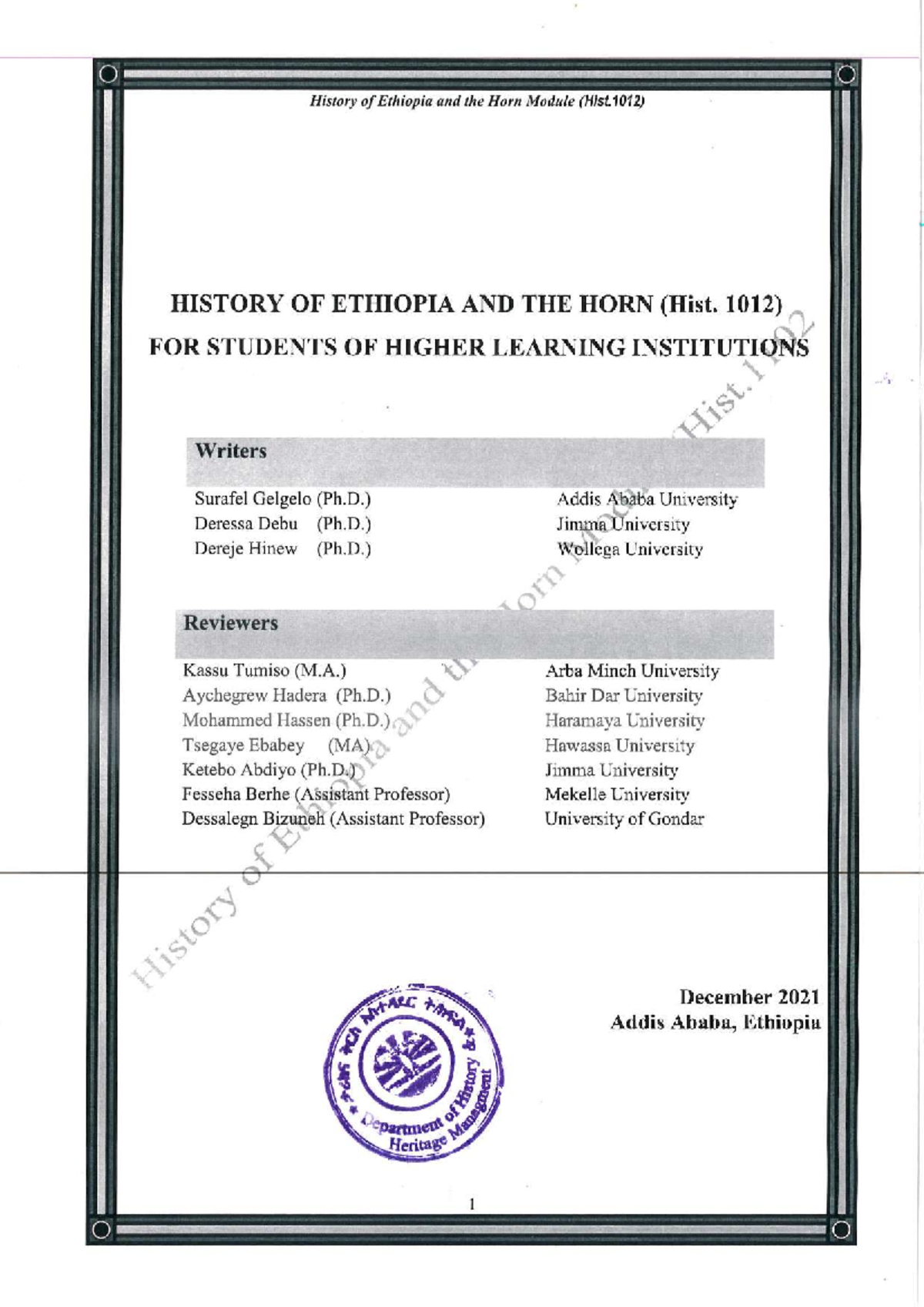 Revised Hist. 1012 Module: History of Ethiopia and the Horn for ...