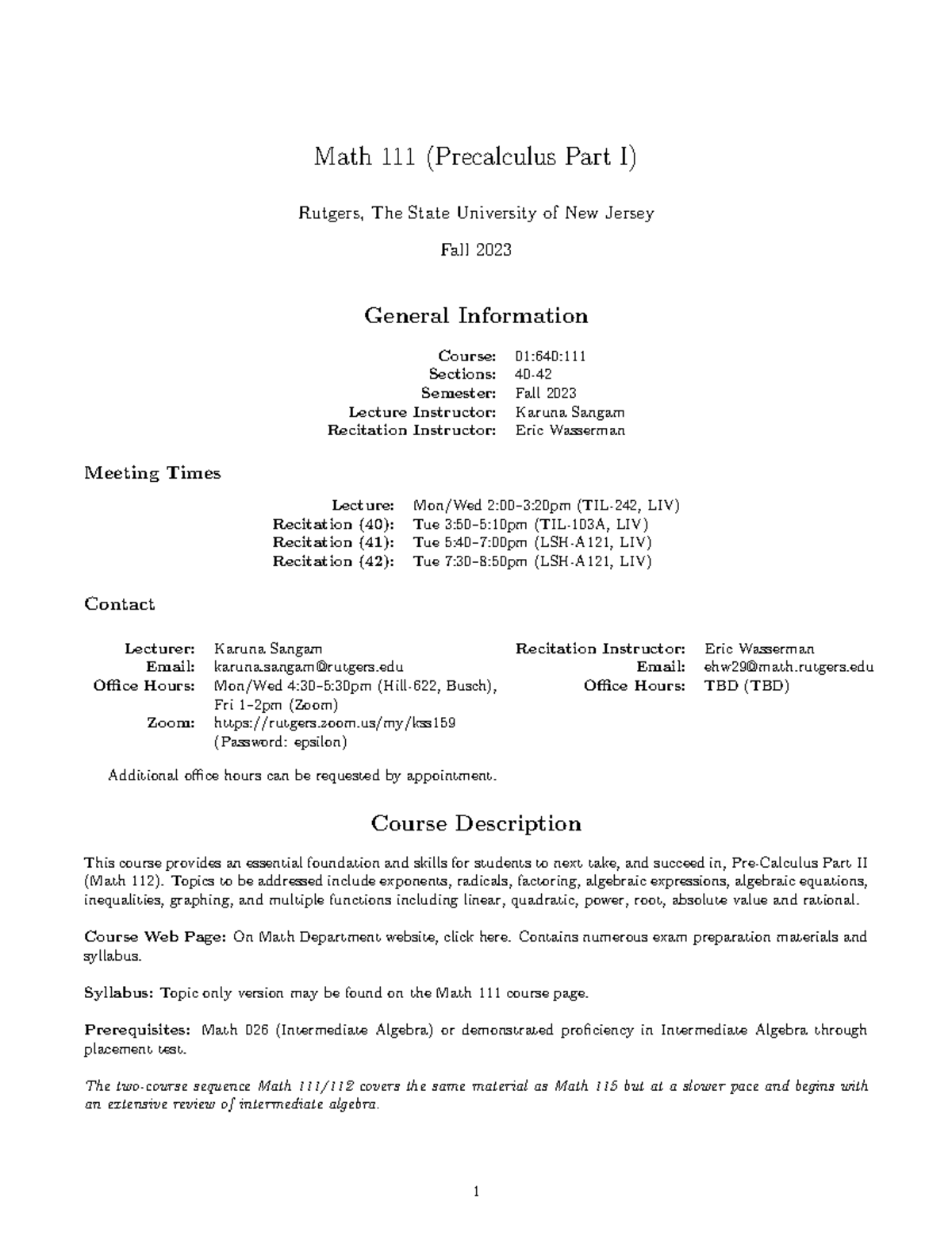 MATH 111 Syllabus Overview for Fall 2023: Precalculus I Essentials ...