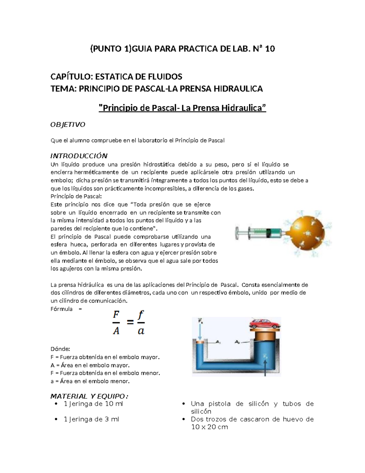 Guía de Laboratorio 10: Principio de Pascal y Prensa Hidráulica - Studocu